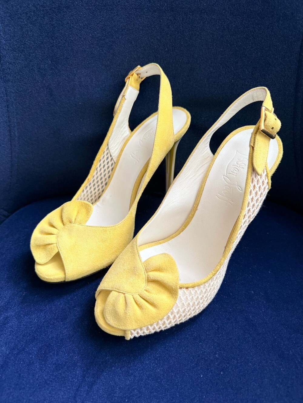 RARE Find! L'Wren Scott Yellow Suede & Mesh Slingback Peep-Toe Heels